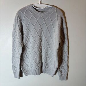 Dan John Cream Diamond Pattern Knit Sweater Long Sleeve Crew Neck Size Medium‎